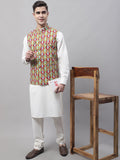 Jompers Men's off-White Solid Kurta Pyjama with Olive Printed Nehru Jacket | Grocsy