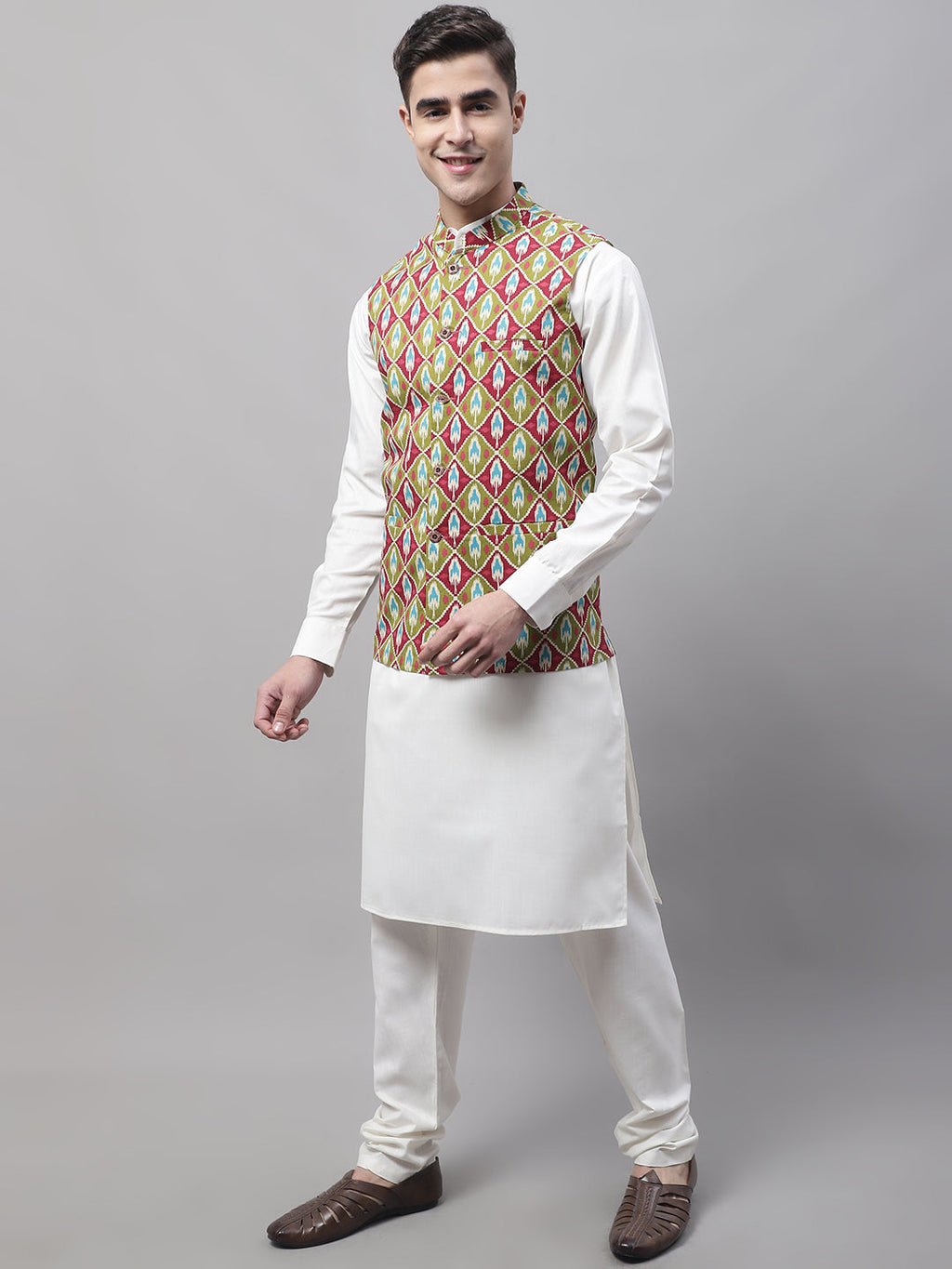 Jompers Men's off-White Solid Kurta Pyjama with Olive Printed Nehru Jacket | Grocsy