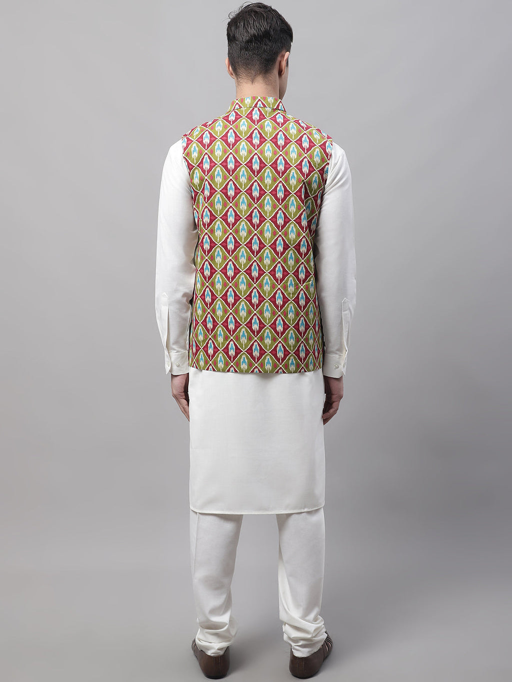 Jompers Men's off-White Solid Kurta Pyjama with Olive Printed Nehru Jacket | Grocsy