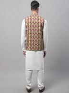 Jompers Men's off-White Solid Kurta Pyjama with Olive Printed Nehru Jacket | Grocsy
