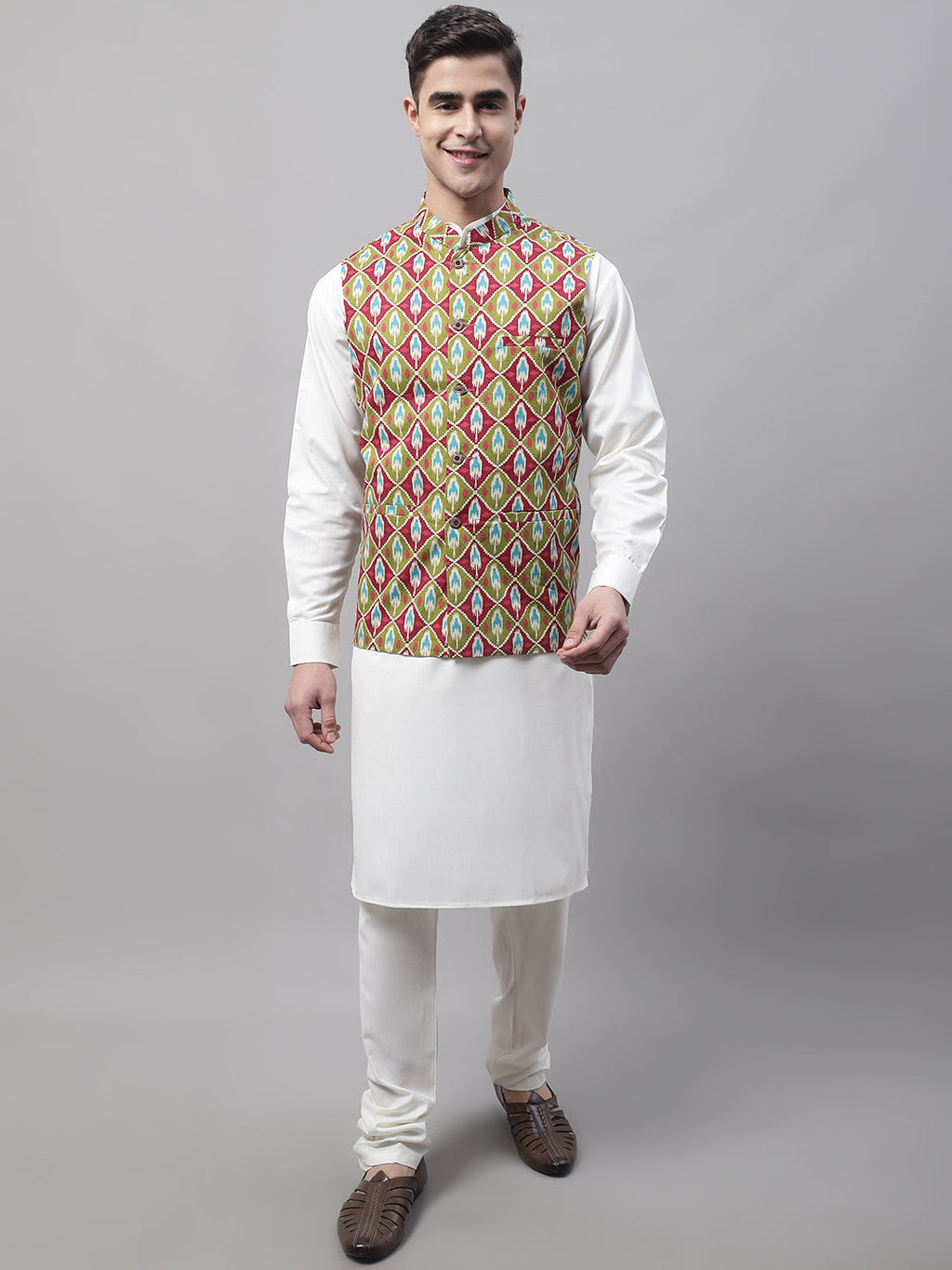 Jompers Men's off-White Solid Kurta Pyjama with Olive Printed Nehru Jacket | Grocsy