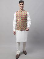 Jompers Men's off-White Solid Kurta Pyjama with Olive Printed Nehru Jacket | Grocsy