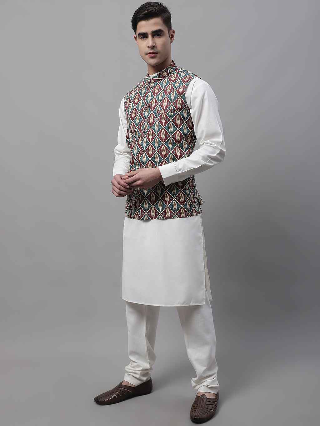 Jompers Men's off-White Solid Kurta Pyjama with Teal Blue Printed Nehru Jacket | Grocsy