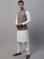 Jompers Men's off-White Solid Kurta Pyjama with Teal Blue Printed Nehru Jacket | Grocsy