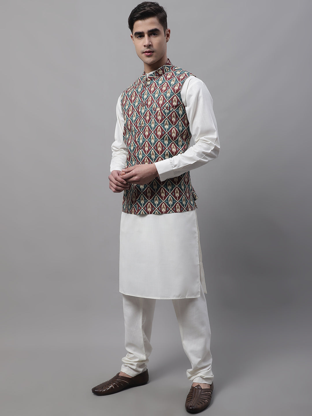 Jompers Men's off-White Solid Kurta Pyjama with Teal Blue Printed Nehru Jacket | Grocsy