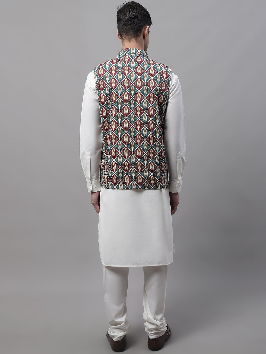 Jompers Men's off-White Solid Kurta Pyjama with Teal Blue Printed Nehru Jacket | Grocsy