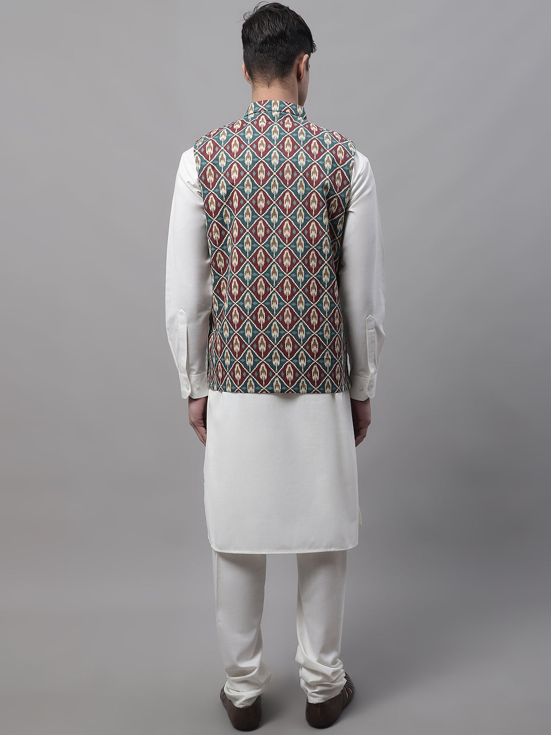 Jompers Men's off-White Solid Kurta Pyjama with Teal Blue Printed Nehru Jacket | Grocsy