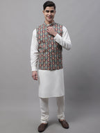 Jompers Men's off-White Solid Kurta Pyjama with Teal Blue Printed Nehru Jacket | Grocsy