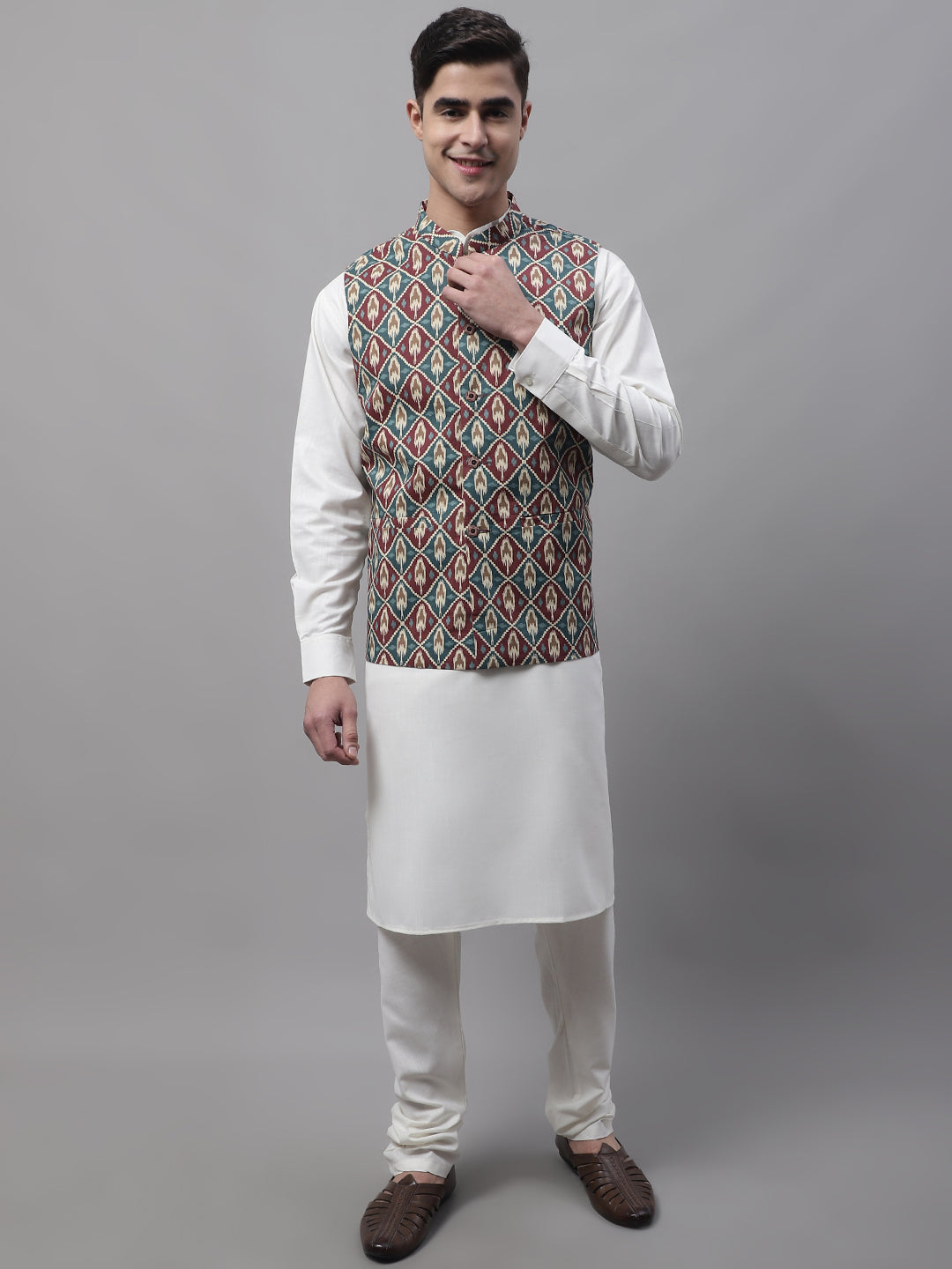 Jompers Men's off-White Solid Kurta Pyjama with Teal Blue Printed Nehru Jacket | Grocsy