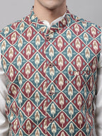 Jompers Men's off-White Solid Kurta Pyjama with Teal Blue Printed Nehru Jacket | Grocsy