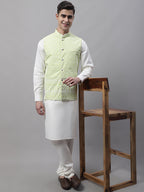 Jompers Men's off-White Solid Kurta Pyjama with Green Embroidered Nehru Jacket | Grocsy