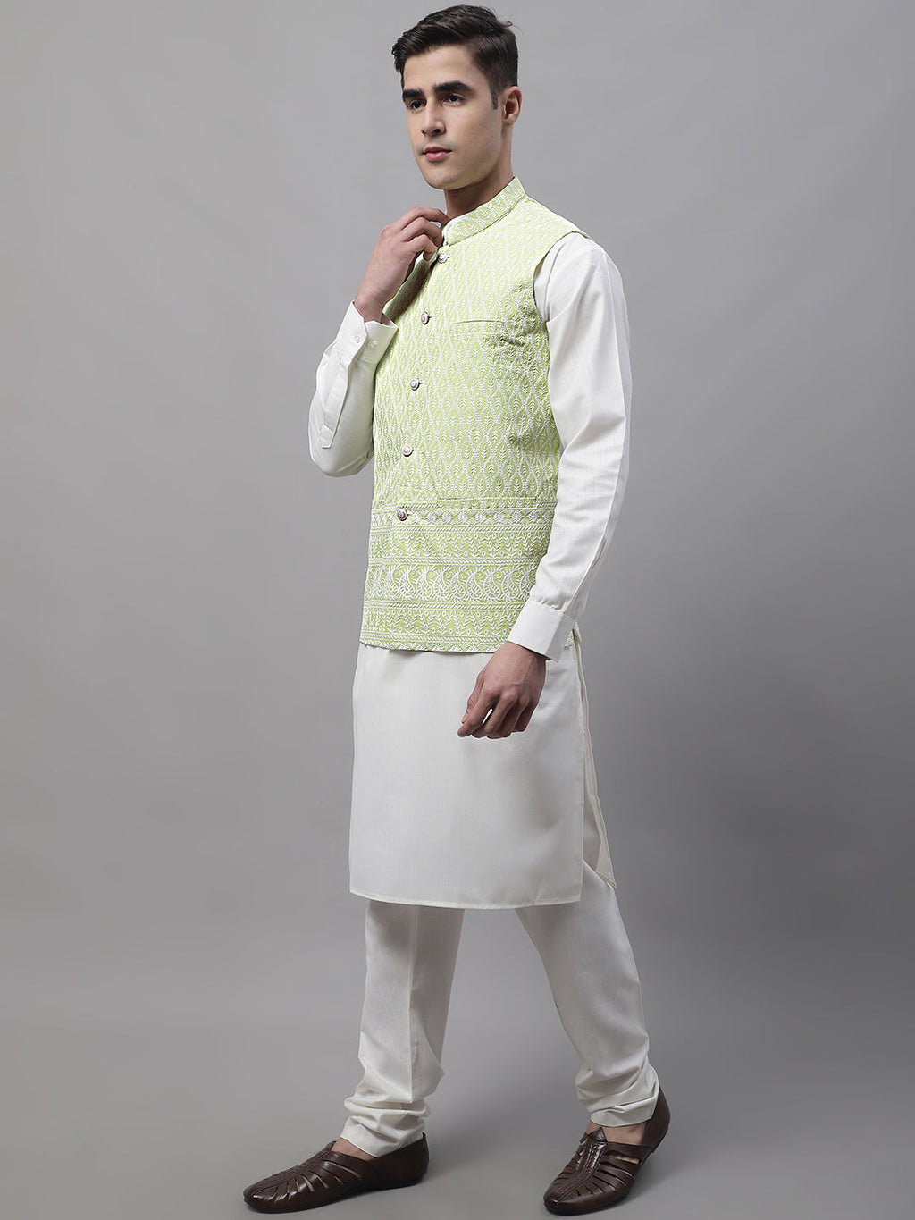 Jompers Men's off-White Solid Kurta Pyjama with Green Embroidered Nehru Jacket | Grocsy