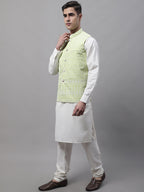 Jompers Men's off-White Solid Kurta Pyjama with Green Embroidered Nehru Jacket | Grocsy