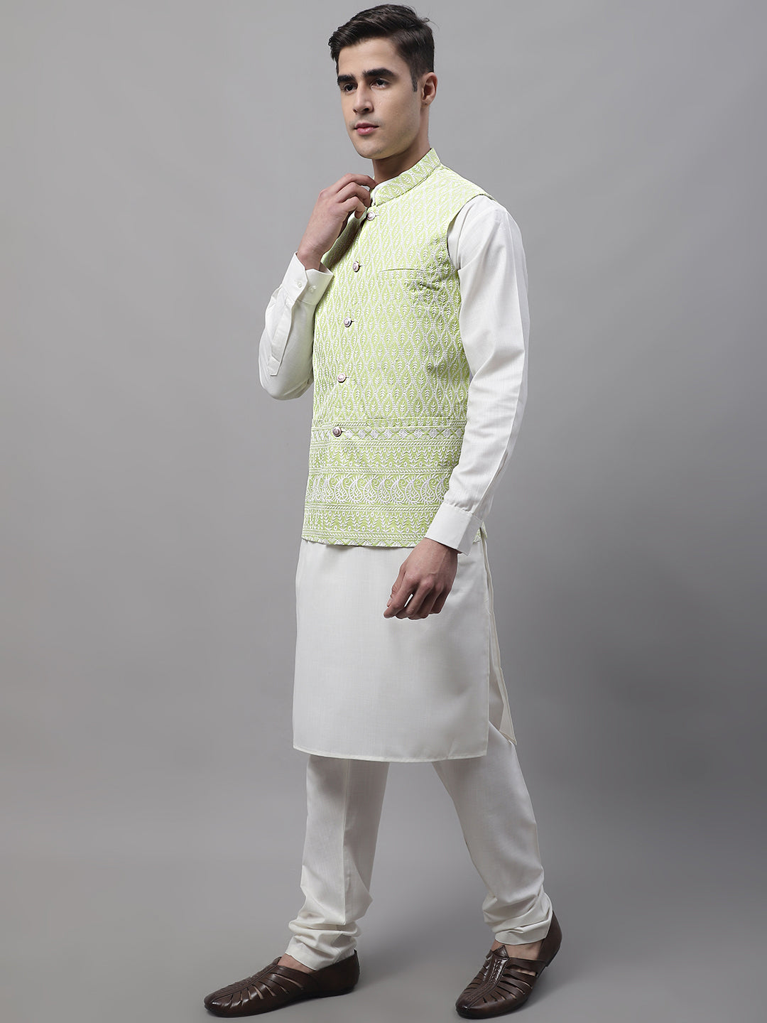 Jompers Men's off-White Solid Kurta Pyjama with Green Embroidered Nehru Jacket | Grocsy