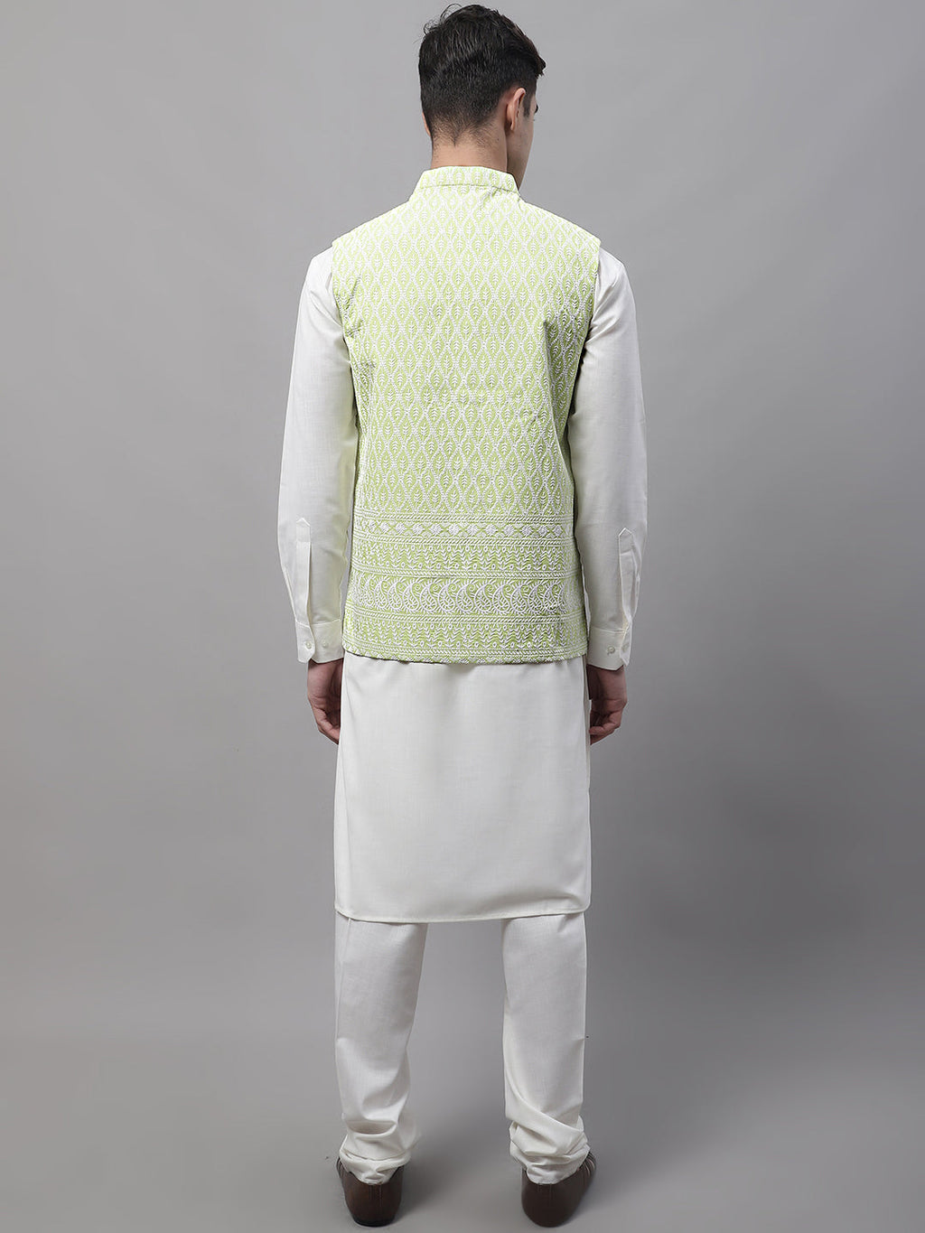 Jompers Men's off-White Solid Kurta Pyjama with Green Embroidered Nehru Jacket | Grocsy