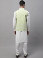 Jompers Men's off-White Solid Kurta Pyjama with Green Embroidered Nehru Jacket | Grocsy