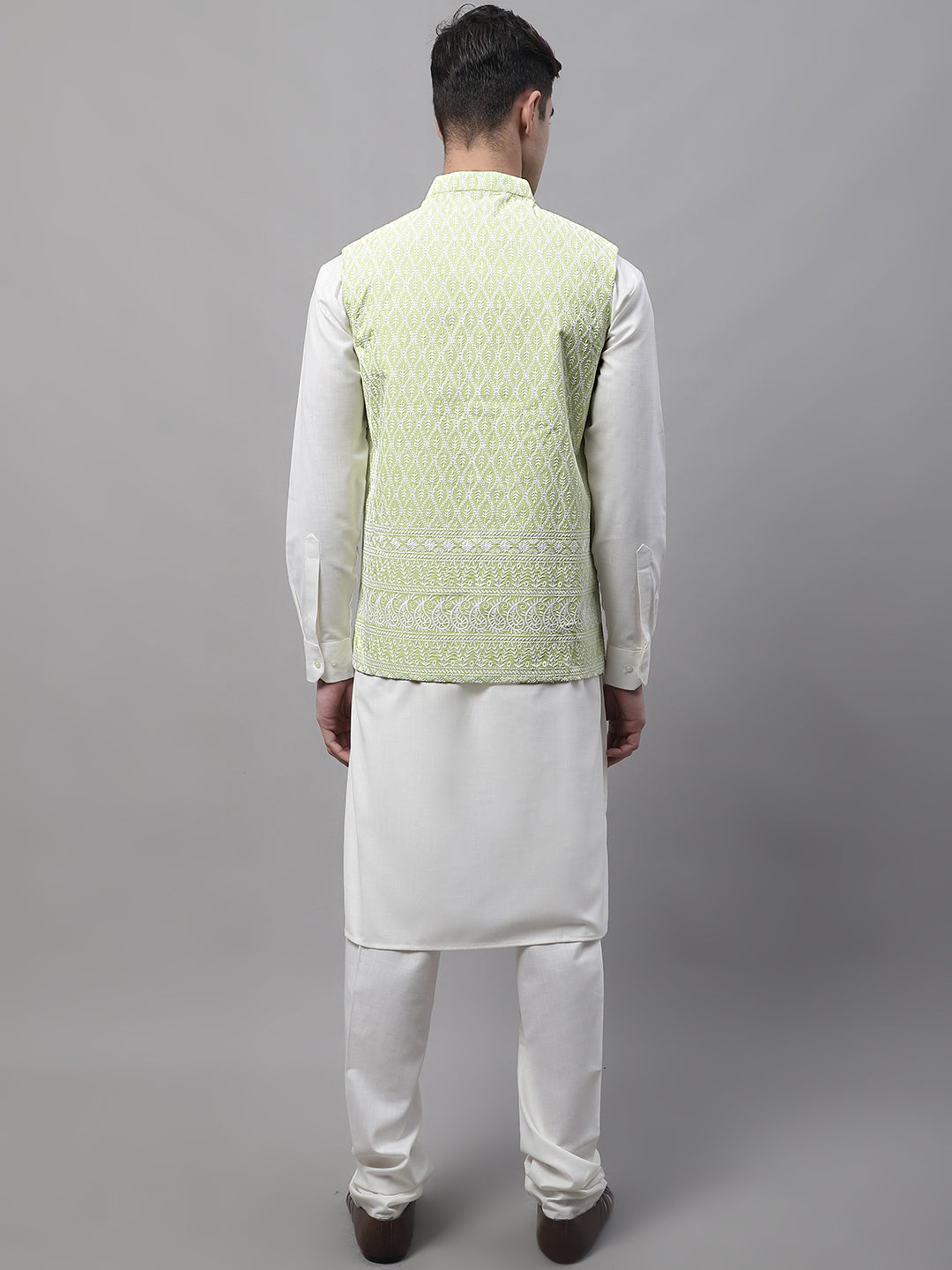 Jompers Men's off-White Solid Kurta Pyjama with Green Embroidered Nehru Jacket | Grocsy
