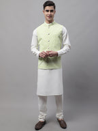 Jompers Men's off-White Solid Kurta Pyjama with Green Embroidered Nehru Jacket | Grocsy