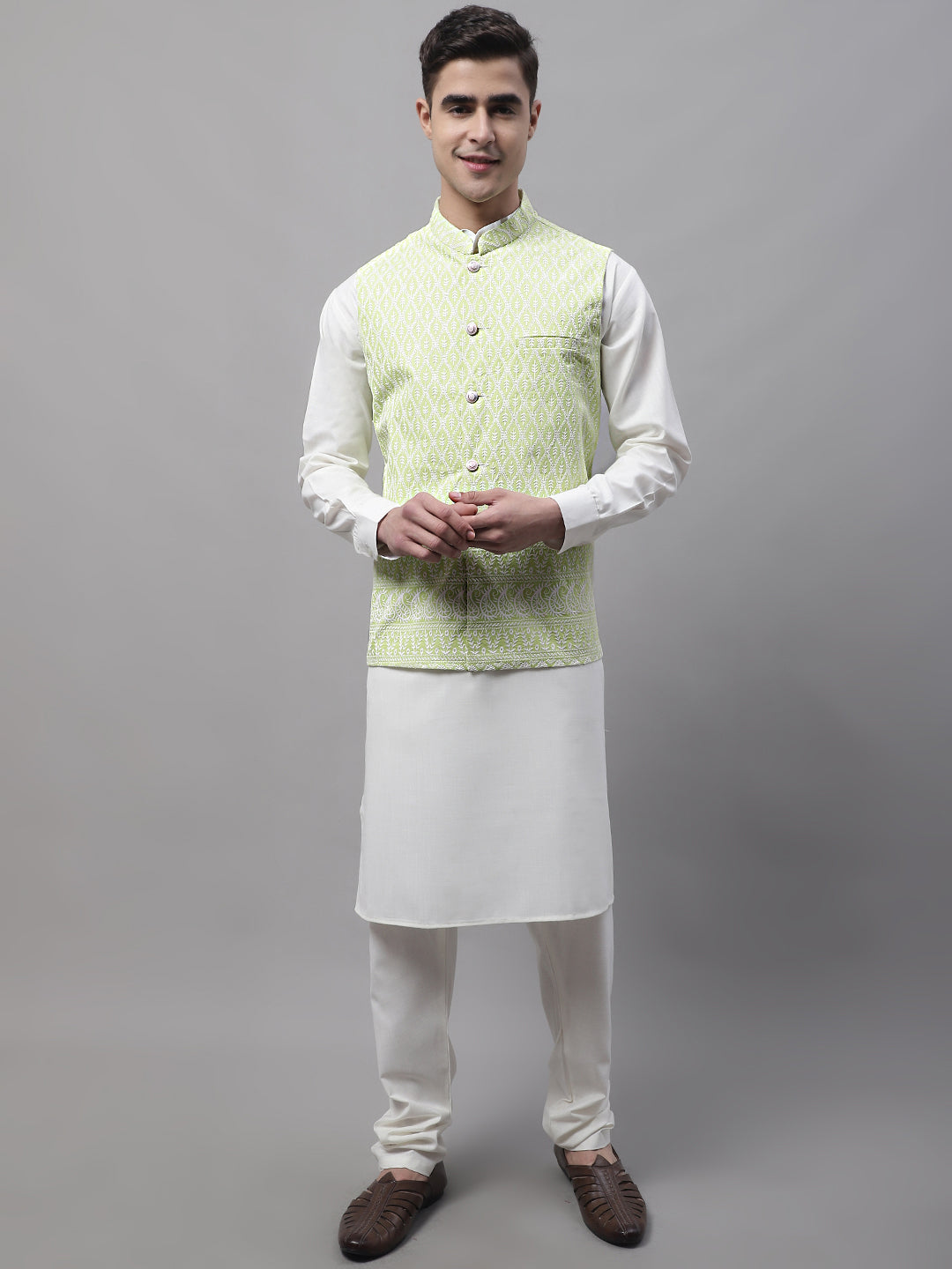 Jompers Men's off-White Solid Kurta Pyjama with Green Embroidered Nehru Jacket | Grocsy