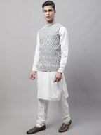 Jompers Men's off-White Solid Kurta Pyjama with Grey Embroidered Nehru Jacket | Grocsy