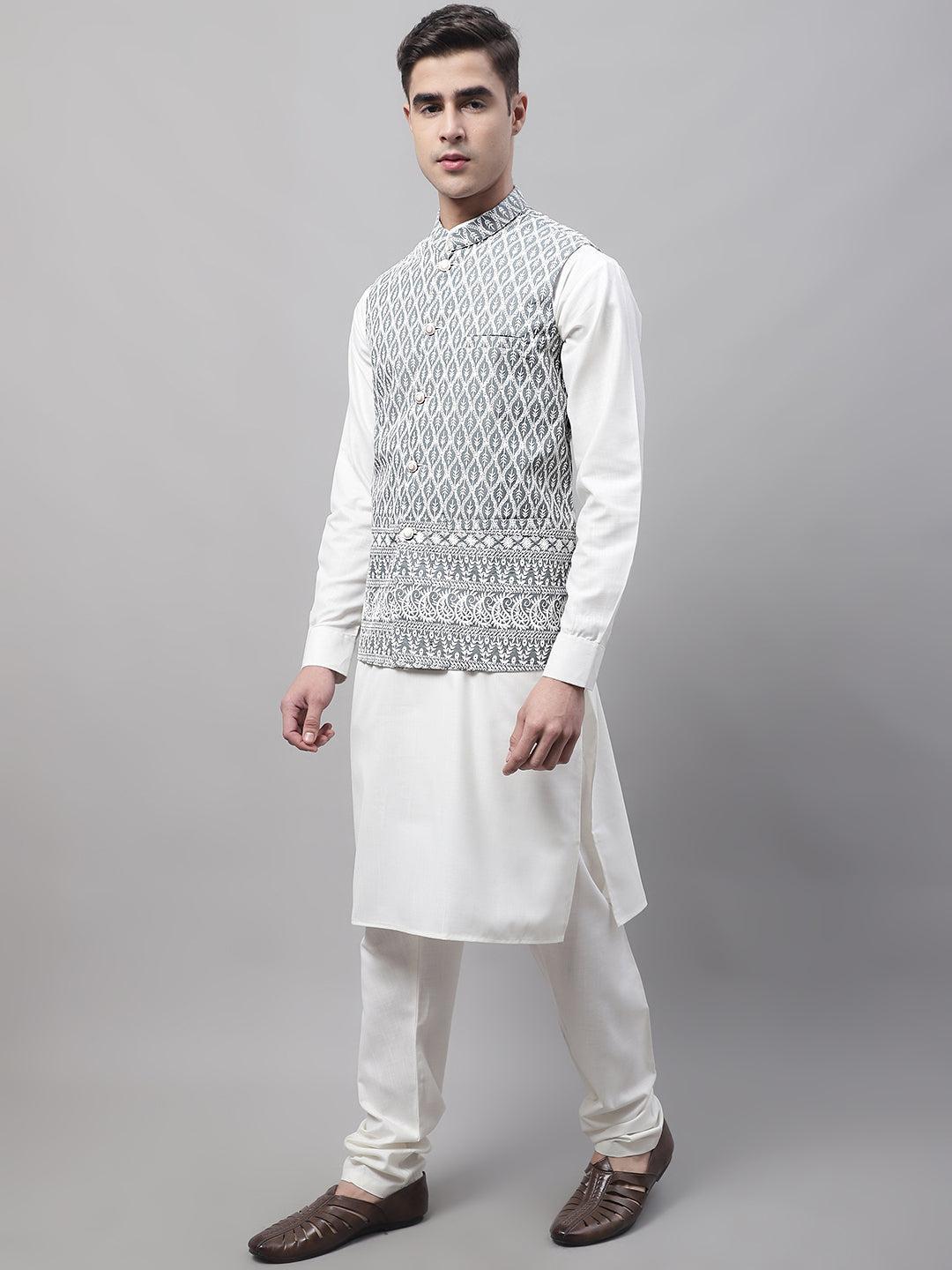 Jompers Men's off-White Solid Kurta Pyjama with Grey Embroidered Nehru Jacket | Grocsy