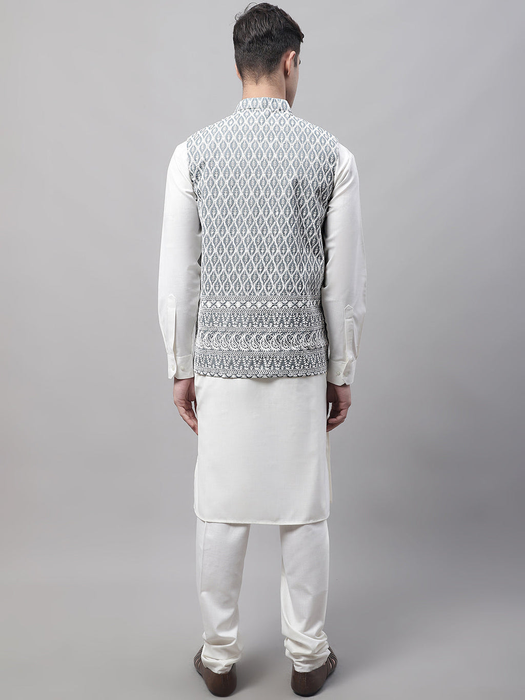 Jompers Men's off-White Solid Kurta Pyjama with Grey Embroidered Nehru Jacket | Grocsy