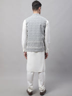 Jompers Men's off-White Solid Kurta Pyjama with Grey Embroidered Nehru Jacket | Grocsy