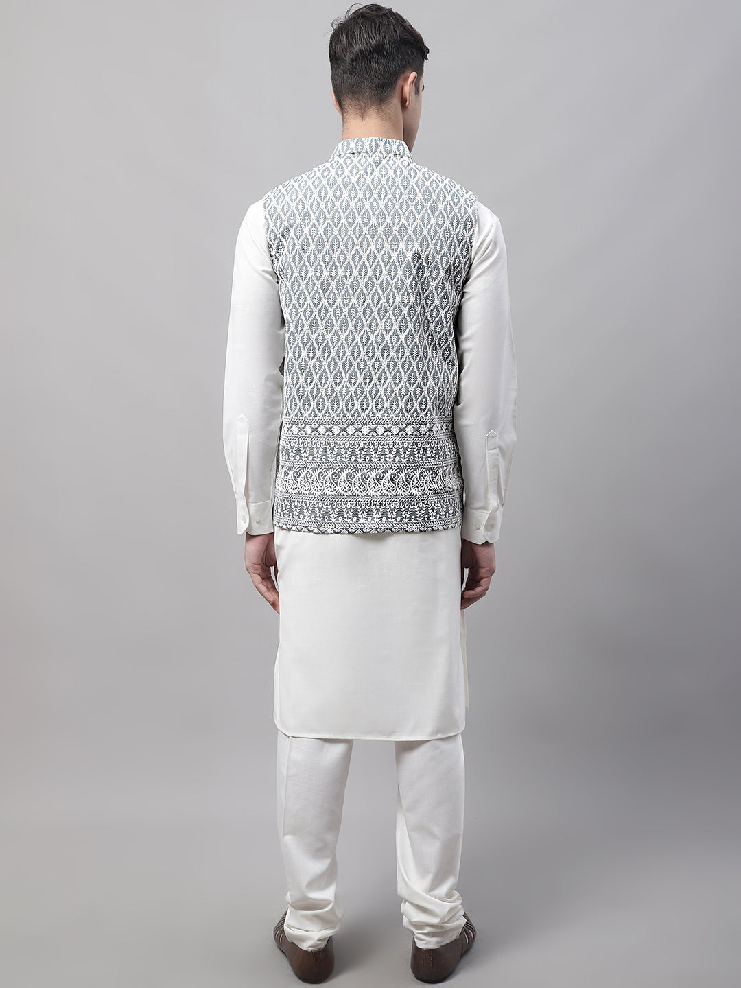 Jompers Men's off-White Solid Kurta Pyjama with Grey Embroidered Nehru Jacket | Grocsy