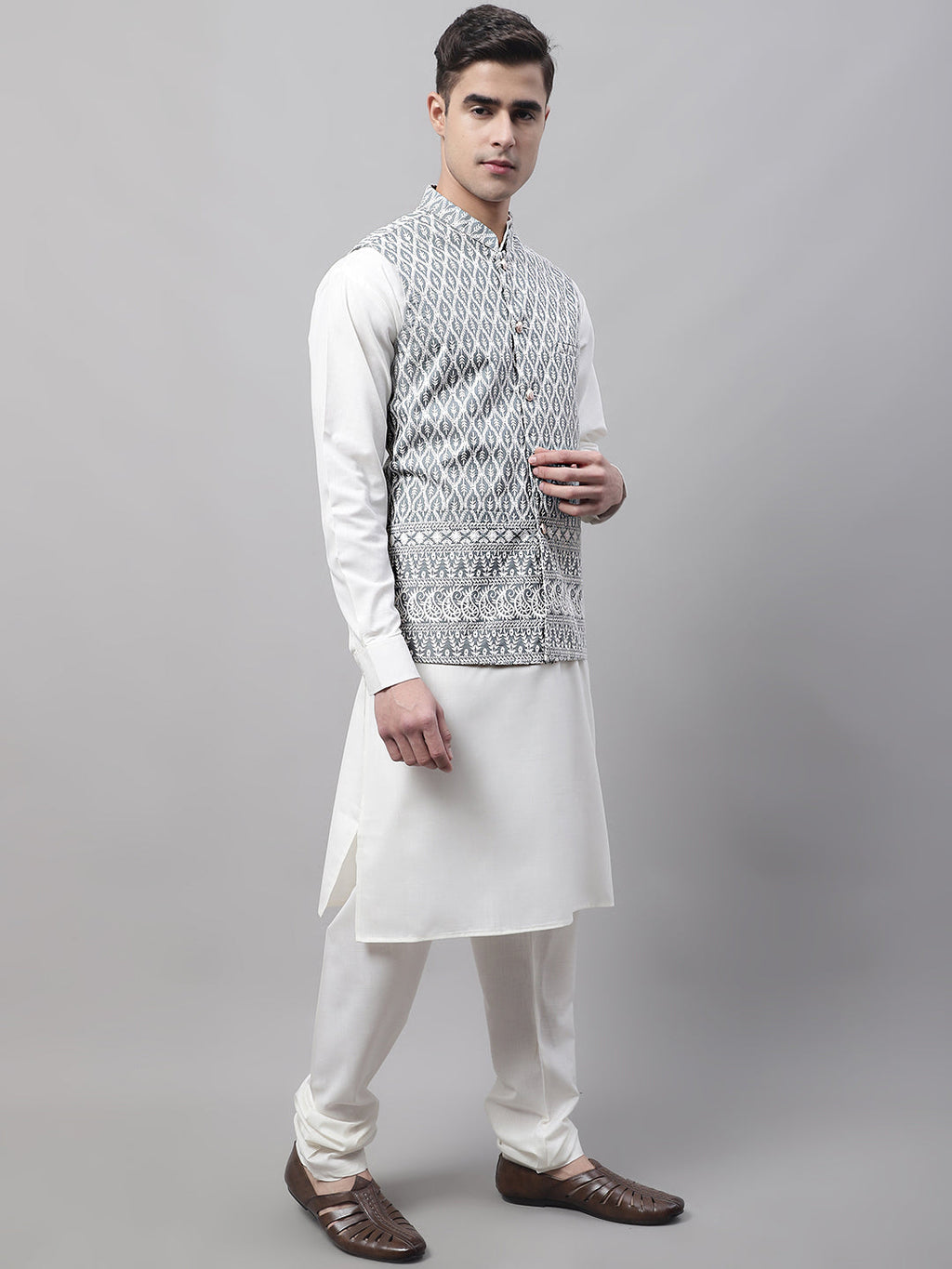 Jompers Men's off-White Solid Kurta Pyjama with Grey Embroidered Nehru Jacket | Grocsy