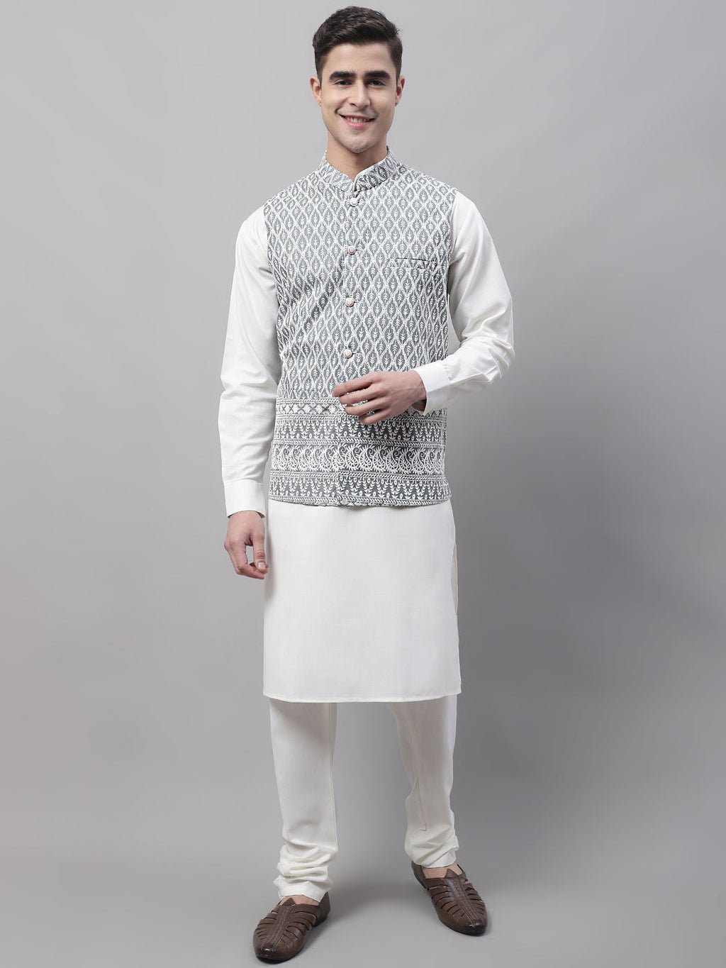 Jompers Men's off-White Solid Kurta Pyjama with Grey Embroidered Nehru Jacket | Grocsy