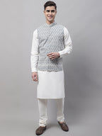 Jompers Men's off-White Solid Kurta Pyjama with Grey Embroidered Nehru Jacket | Grocsy