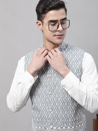 Jompers Men's off-White Solid Kurta Pyjama with Grey Embroidered Nehru Jacket | Grocsy