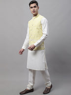 Jompers Men's off-White Solid Kurta Pyjama with Yellow Embroidered Nehru Jacket | Grocsy