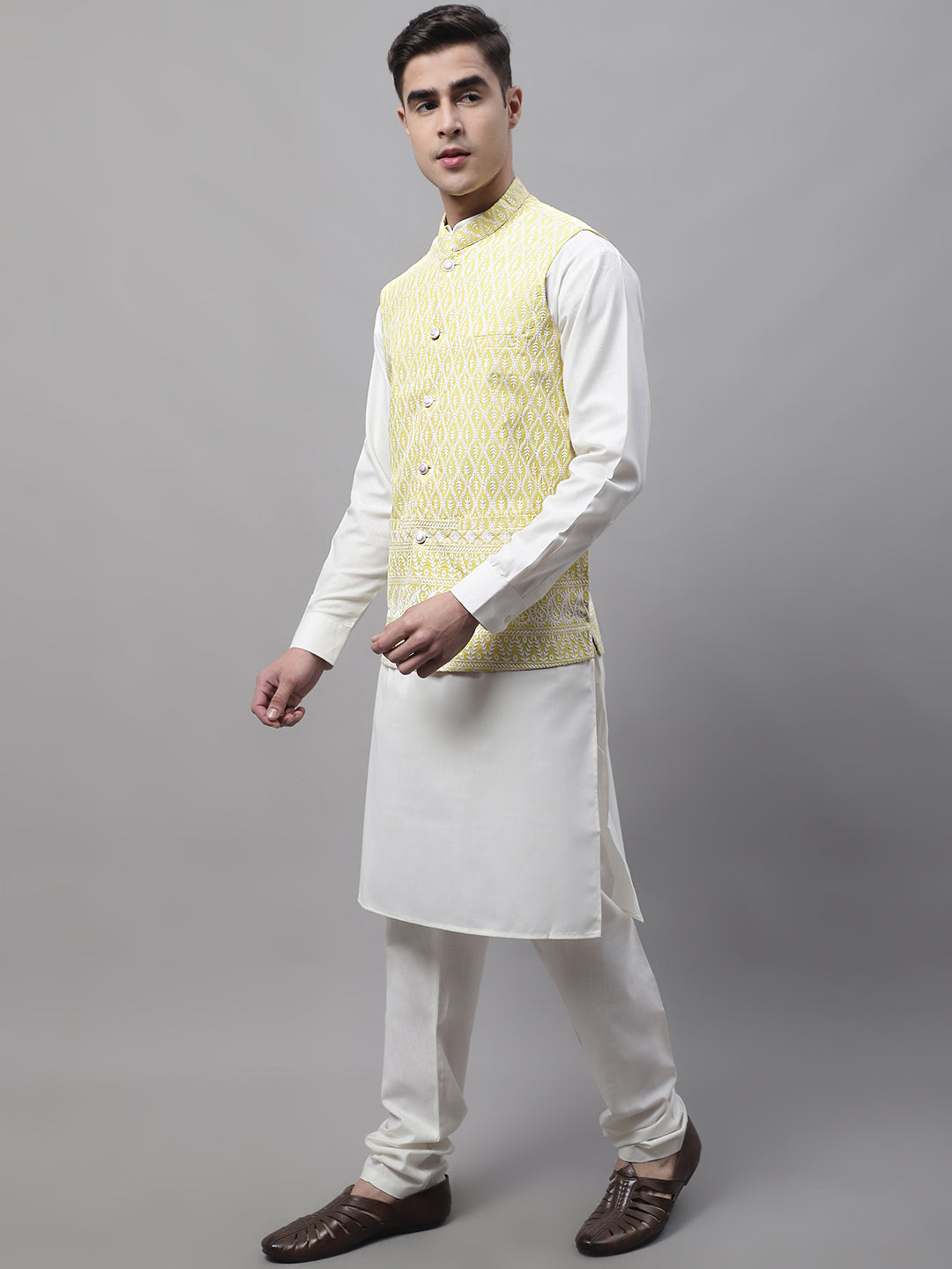 Jompers Men's off-White Solid Kurta Pyjama with Yellow Embroidered Nehru Jacket | Grocsy
