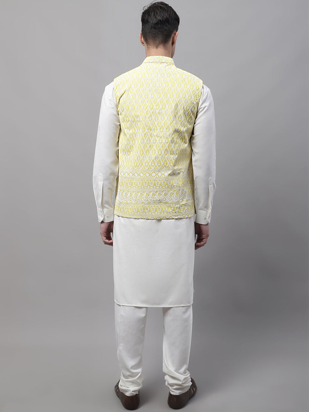 Jompers Men's off-White Solid Kurta Pyjama with Yellow Embroidered Nehru Jacket | Grocsy