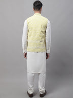Jompers Men's off-White Solid Kurta Pyjama with Yellow Embroidered Nehru Jacket | Grocsy