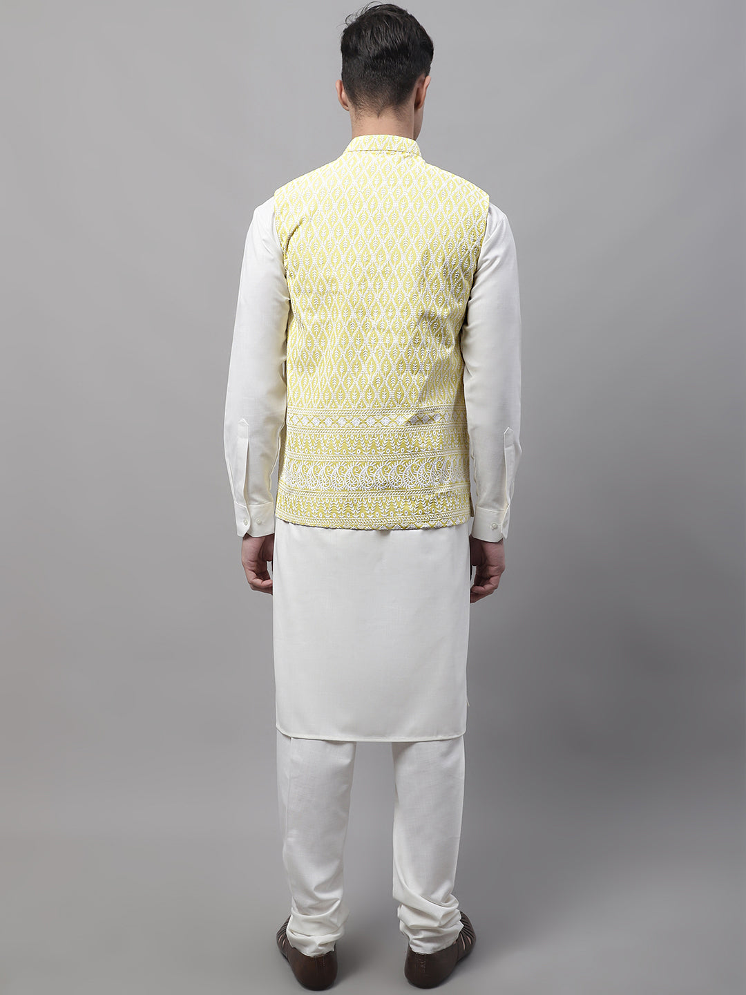 Jompers Men's off-White Solid Kurta Pyjama with Yellow Embroidered Nehru Jacket | Grocsy