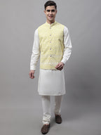 Jompers Men's off-White Solid Kurta Pyjama with Yellow Embroidered Nehru Jacket | Grocsy