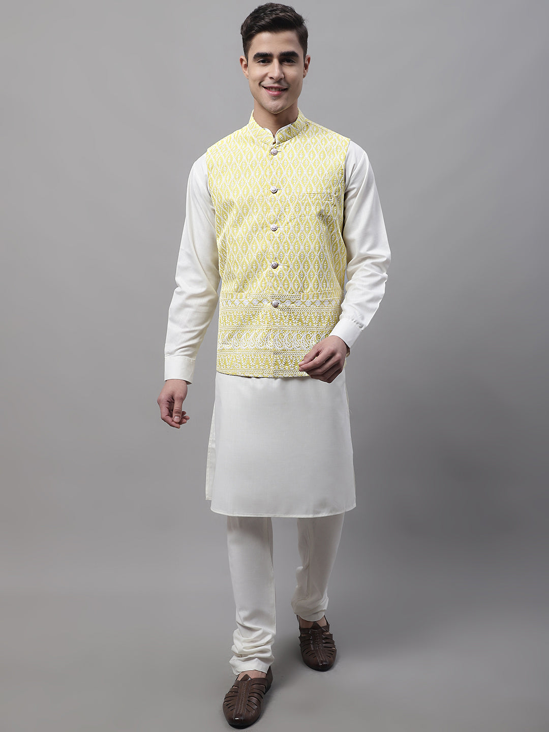 Jompers Men's off-White Solid Kurta Pyjama with Yellow Embroidered Nehru Jacket | Grocsy