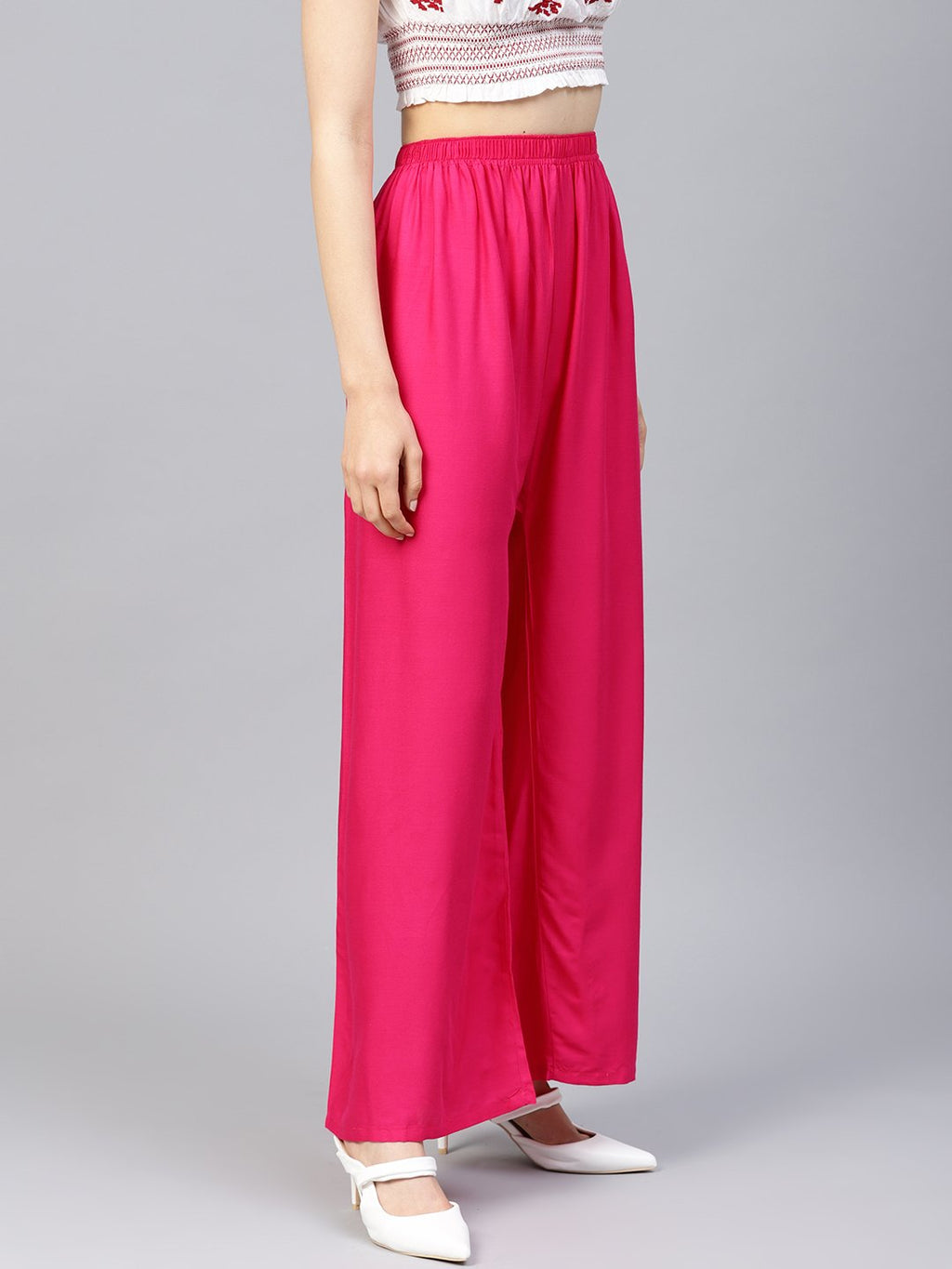 Jompers Women Pink Solid Straight Palazzos | Grocsy