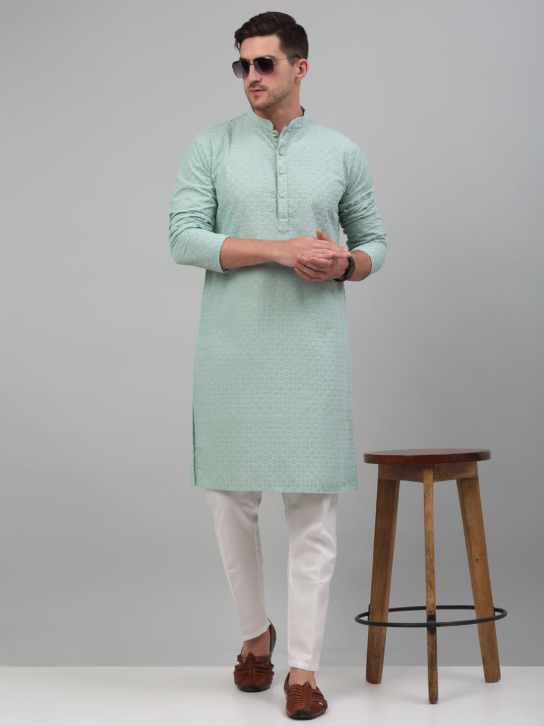 Jompers Men's Green Chikankari Embroidered and Sequence Kurta with Pyjama | Grocsy
