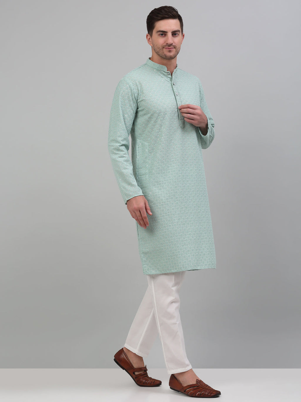Jompers Men's Green Chikankari Embroidered and Sequence Kurta with Pyjama | Grocsy