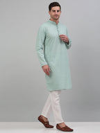 Jompers Men's Green Chikankari Embroidered and Sequence Kurta with Pyjama | Grocsy