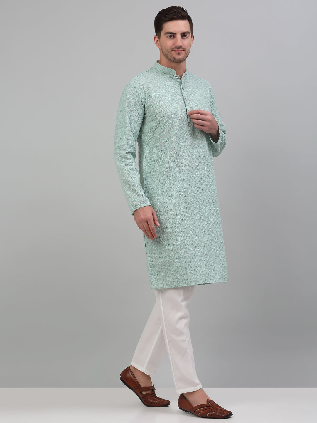 Jompers Men's Green Chikankari Embroidered and Sequence Kurta with Pyjama | Grocsy