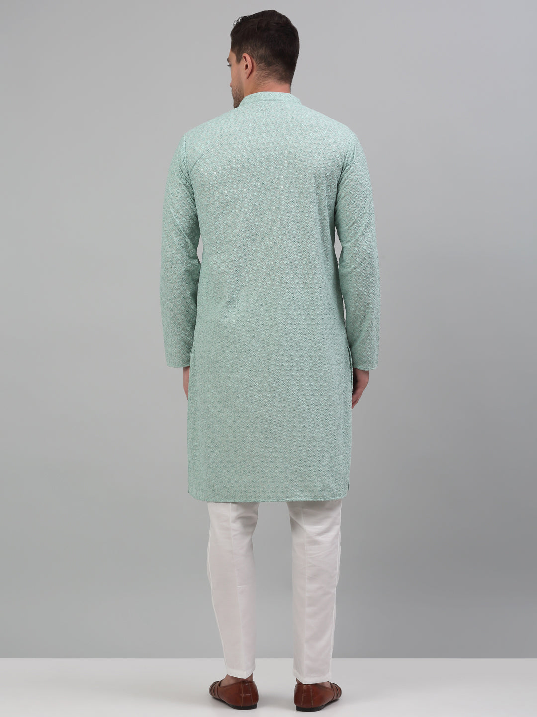 Jompers Men's Green Chikankari Embroidered and Sequence Kurta with Pyjama | Grocsy