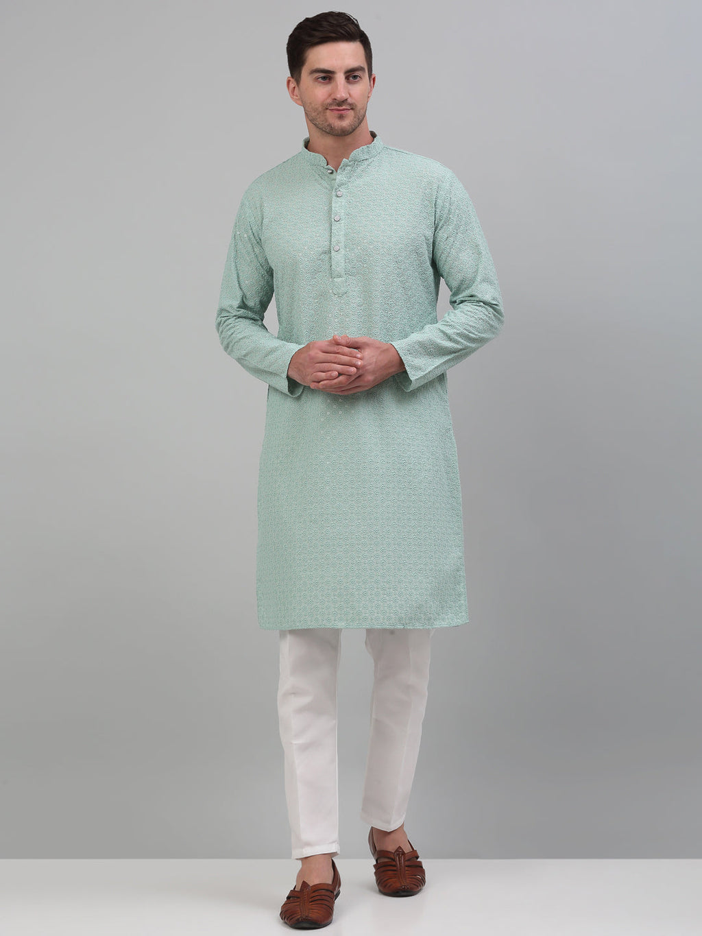 Jompers Men's Green Chikankari Embroidered and Sequence Kurta with Pyjama | Grocsy