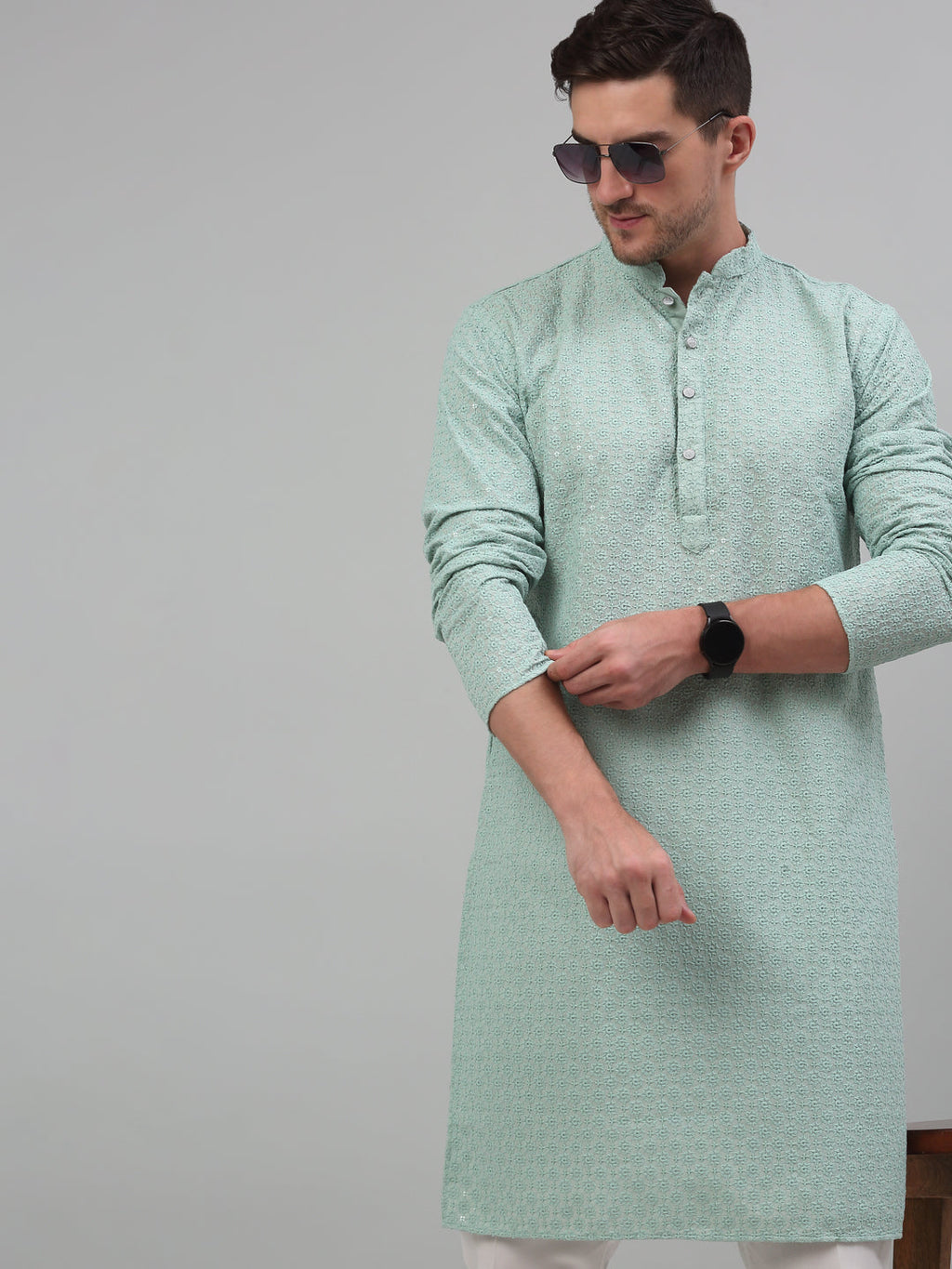 Jompers Men's Green Chikankari Embroidered and Sequence Kurta with Pyjama | Grocsy