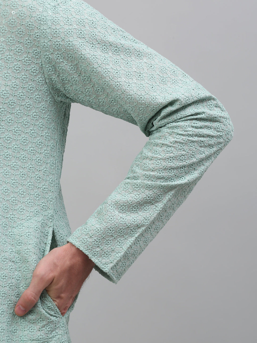 Jompers Men's Green Chikankari Embroidered and Sequence Kurta with Pyjama | Grocsy