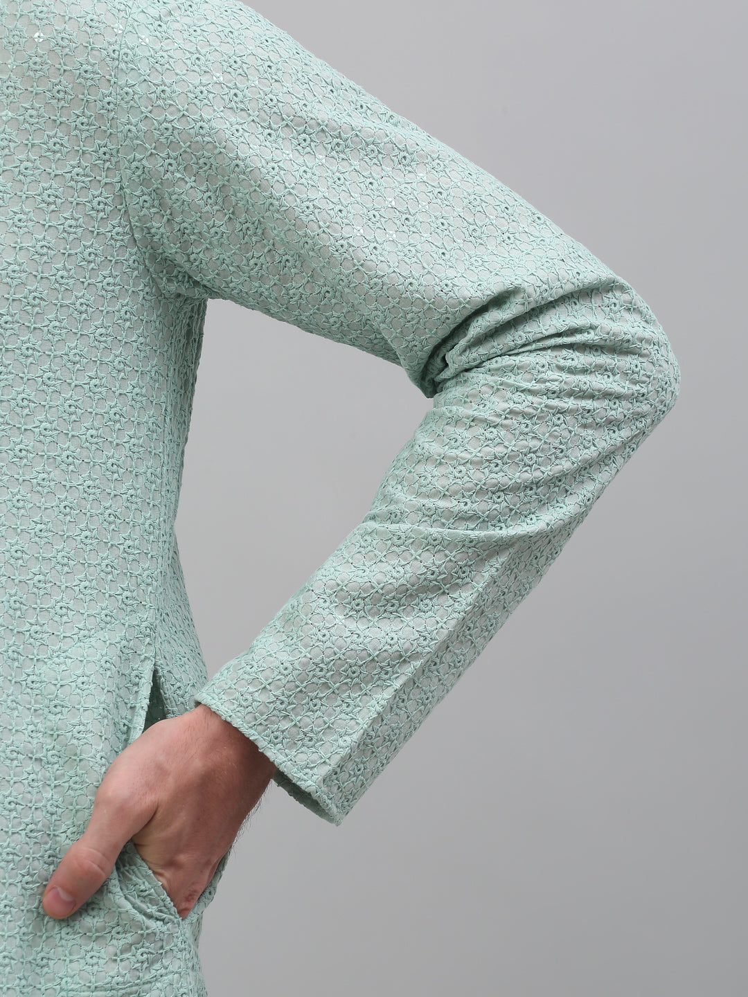 Jompers Men's Green Chikankari Embroidered and Sequence Kurta with Pyjama | Grocsy