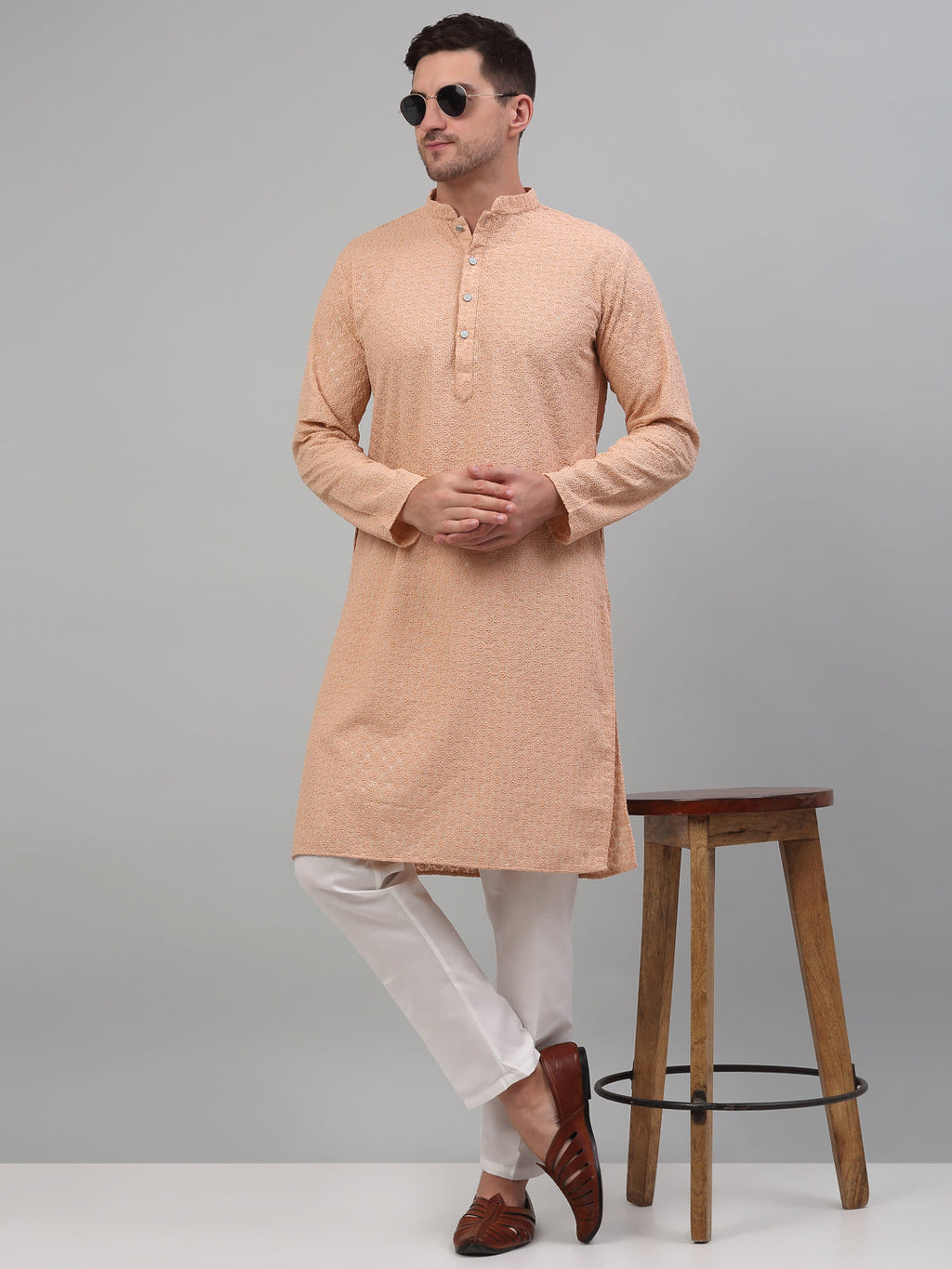 Jompers Men's Peach Chikankari Embroidered and Sequence Kurta with Pyjama | Grocsy